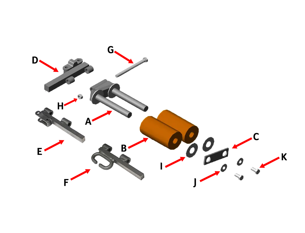 Exploded view of 2 Wheel Surface Roller Assembly w BRH-188 showing UHMW wheels, steel frame, and roller components.