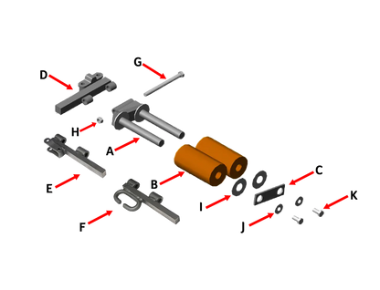 Exploded view of 2 Wheel Surface Roller Assembly w BRH-188 showing UHMW wheels, steel frame, and roller components.