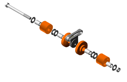 Exploded view of 4 Wheel MacNeil Roller Assembly with X458 Link 2.5 inches Idler Wheel showing pusher wheels, idler wheels, bushings, axle bolts, washers, and carrier link by 3E The Carwash Manufacturer.