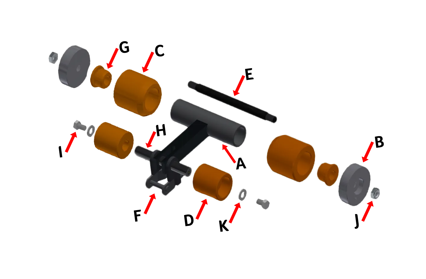 Exploded view of 4 Wheel PECO Roller Assembly with D88K 2.5 in Idler Wheel by 3E The Carwash Manufacturer – La Habra CA.