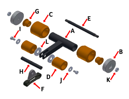 Exploded view of 4 Wheel PECO Roller Assembly with X458 Link showing roller, shaft, idler wheels, and hardware components.
