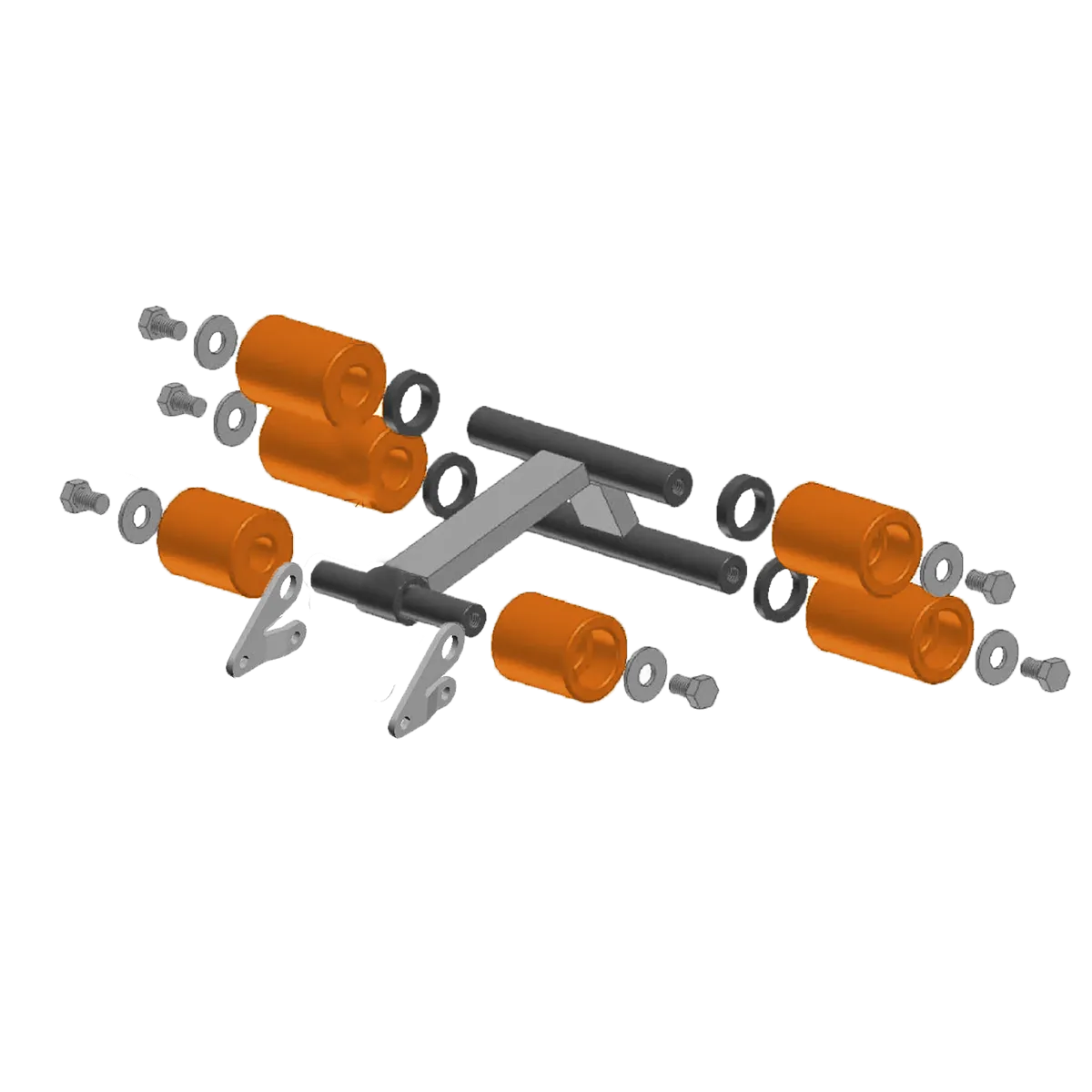 Exploded view of 6-wheel Belanger roller assembly showing frame, UHMW rollers, bolts, washers, and spacers.