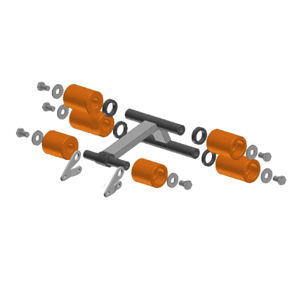 Exploded view of 6-wheel Belanger roller assembly showing frame, UHMW rollers, bolts, washers, and spacers.