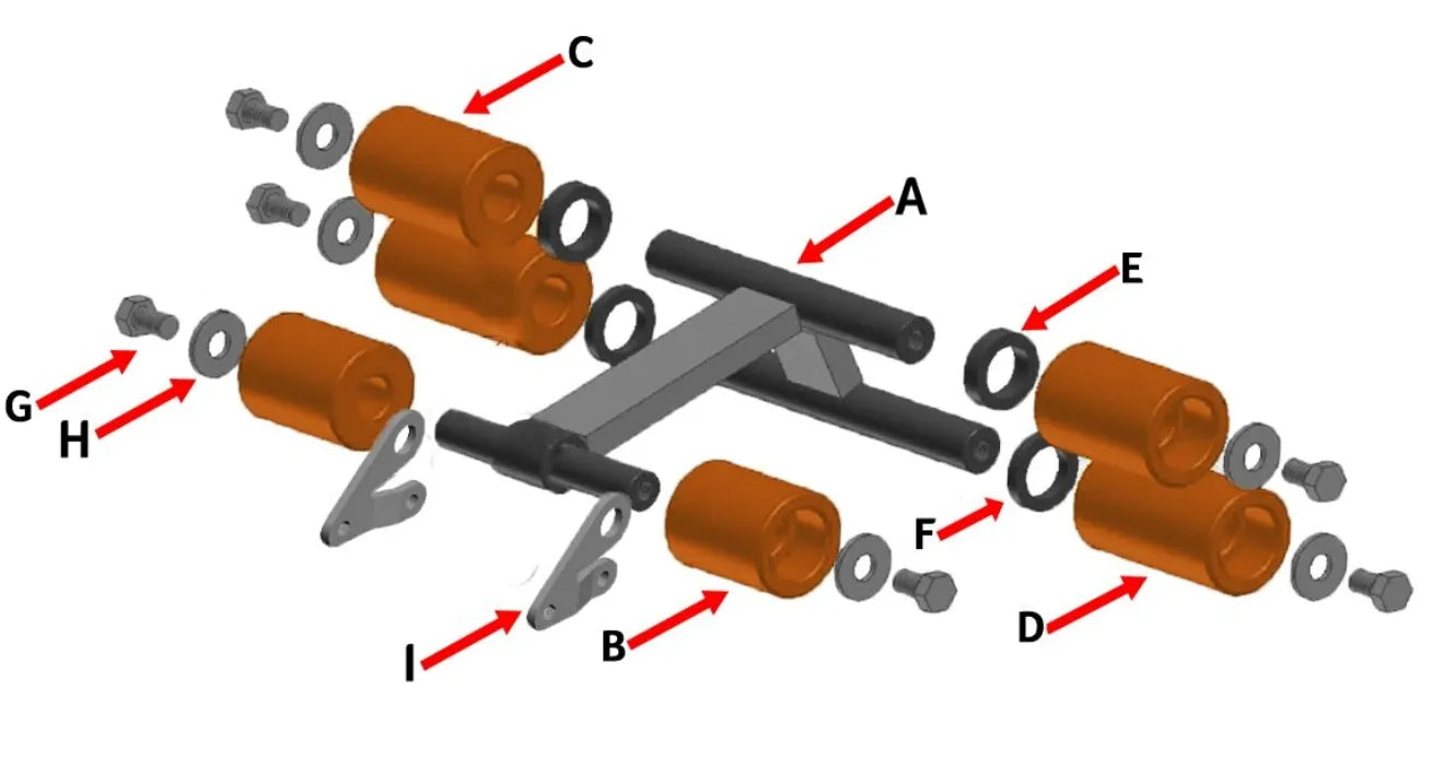 Exploded view of 6-wheel Belanger roller assembly with labeled parts A to I showing frame, rollers, bolts, and washers.
