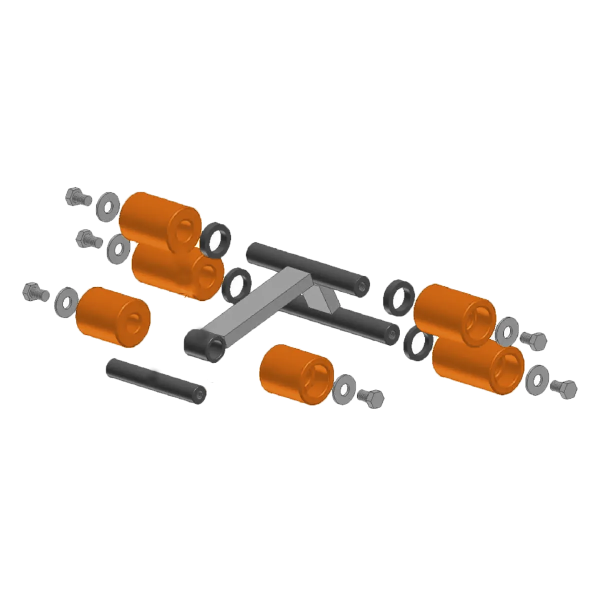 Exploded view of 6-wheel Belanger roller assembly without link showing frame, UHMW rollers, bolts, washers, and spacers.