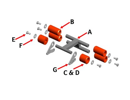 Exploded view of 6 Wheel LPR w D81X Tri Plates 2.5 in Idler Wheel assembly showing UHMW rollers, steel frame, D81X carrier links, bolts, and washers – 3E The Carwash Manufacturer.
