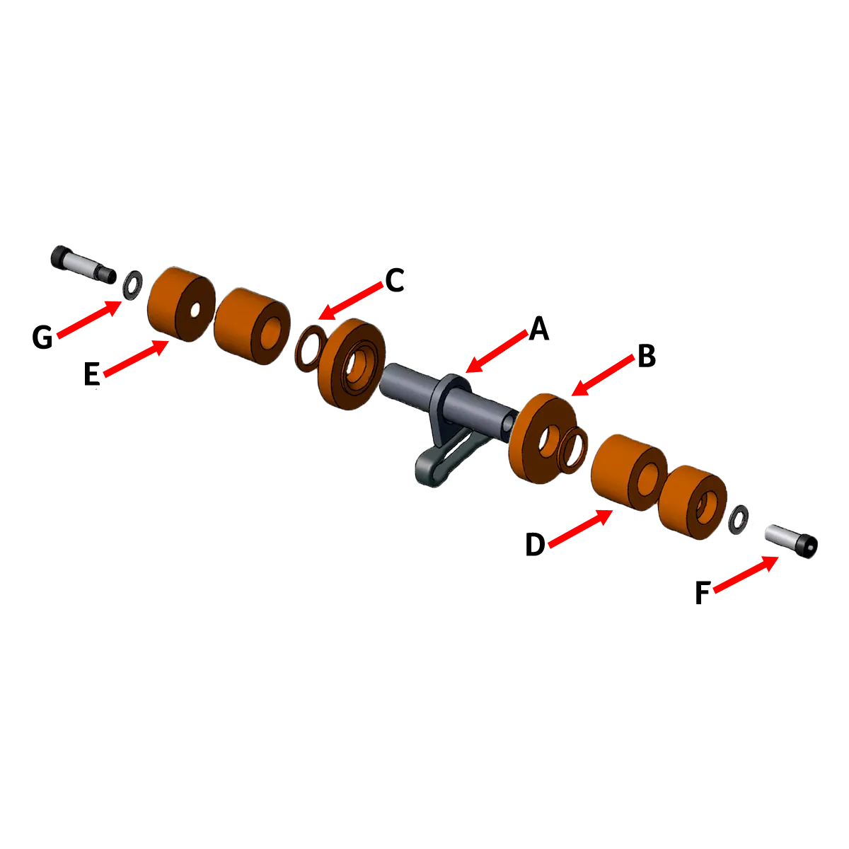 Exploded view of Belanger DuraTrans roller assembly with X458 carrier link showing UHMW rollers, spacers, and hardware parts.