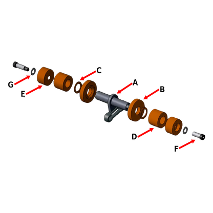 Exploded view of Belanger DuraTrans roller assembly with X458 carrier link showing UHMW rollers, spacers, and hardware parts.