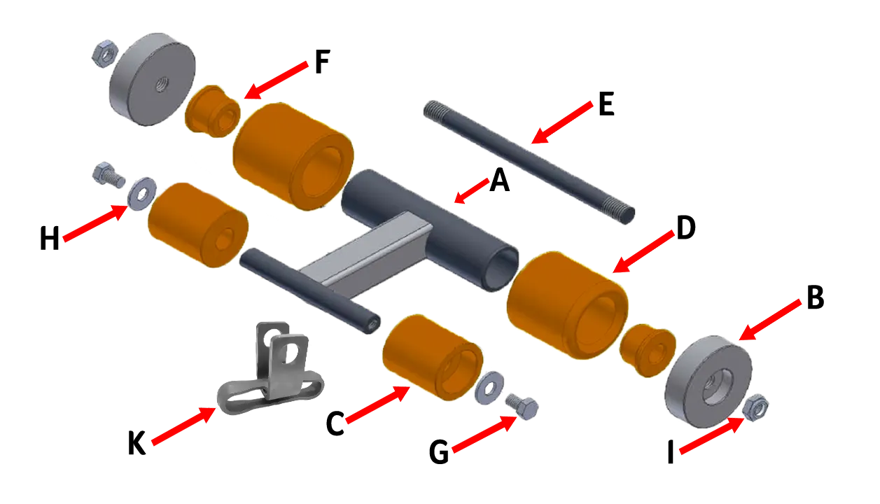 Exploded view of RCV Econocraft Surface Roller Assembly w X458 Carrier Link – includes UHMW rollers, frame, shaft, washers, and mounting hardware by 3E The Carwash Manufacturer.