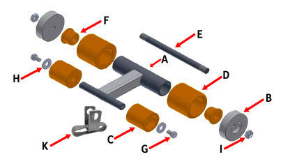 Exploded view of RCV Econocraft Surface Roller Assembly w X458 Carrier Link – includes UHMW rollers, frame, shaft, washers, and mounting hardware by 3E The Carwash Manufacturer.
