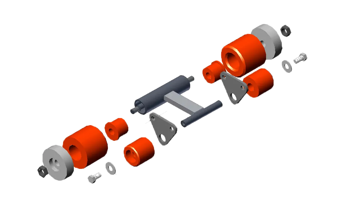 Exploded view of RCV Roller with Flat Bar Assembly showing D88K triangle plates, 2.5 in UHMW idler wheels, spacers, bearings, and reinforced steel flat bar frame by 3E The Carwash Manufacturer.