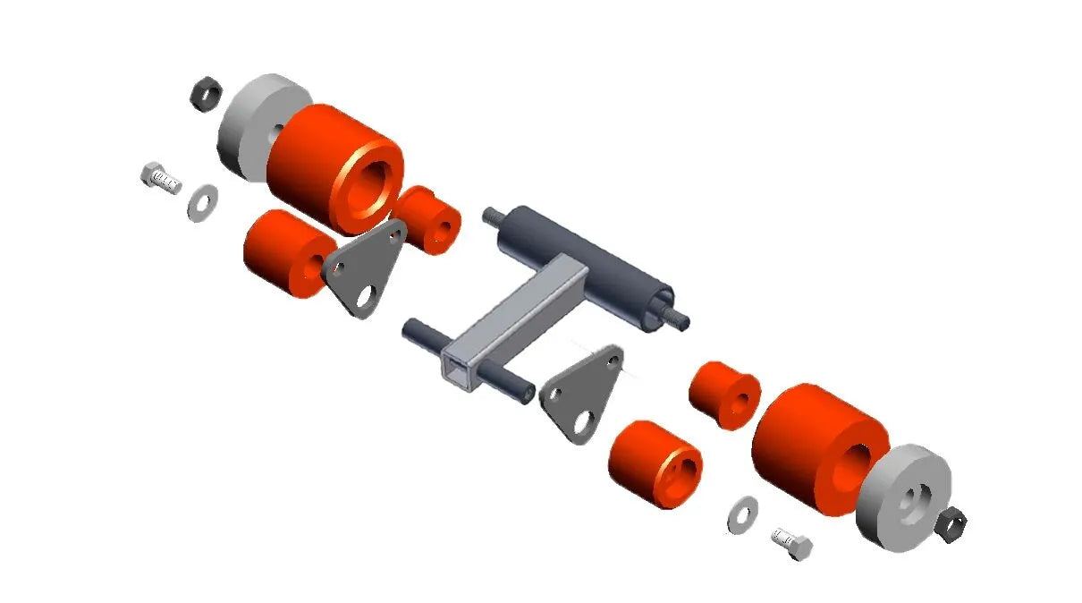 Exploded view of RCV Roller with Square Tube Assembly showing D88K 2.5 inch Idler Wheels, square tubing frame, triangle plates, spacers, and hardware components.