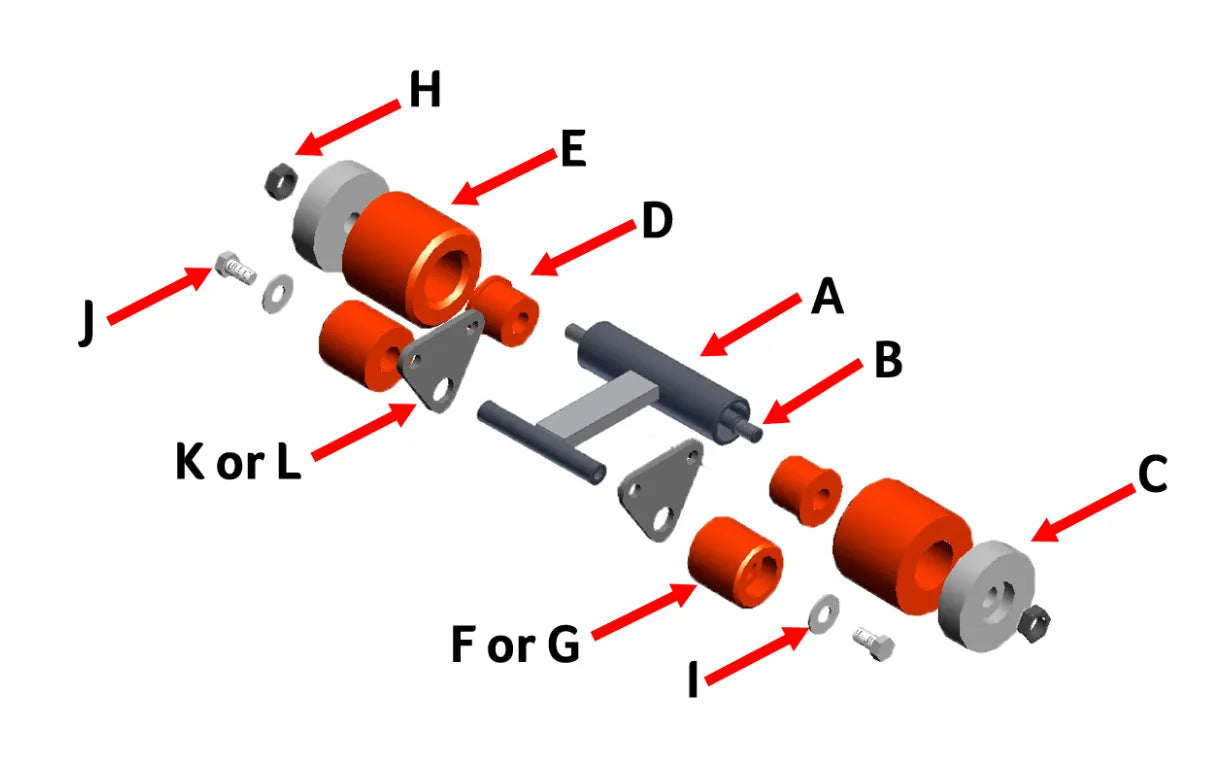 Exploded view of RCV roller with flat bar assembly D88K 1.125 inch idler wheels showing labeled parts A to L for car wash conveyor system.