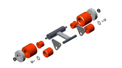 Exploded view of RCV roller with flat bar assembly D88K 1.125 inch idler wheels without labels showing individual roller parts for car wash conveyor system.