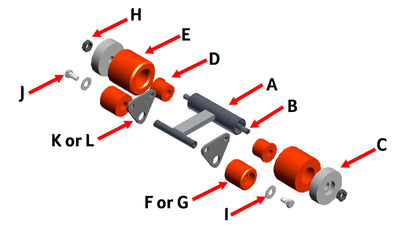 Exploded view of RCV roller with flat bar assembly D88K 2.25 inch idler wheels labeled A to L showing complete car wash conveyor roller parts.