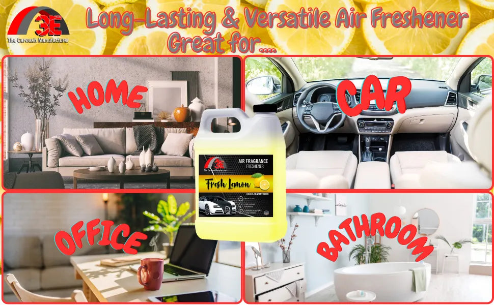 Fresh Lemon Air Freshener 1-gallon shown as versatile odor eliminator for home, car, office, and bathroom spaces.