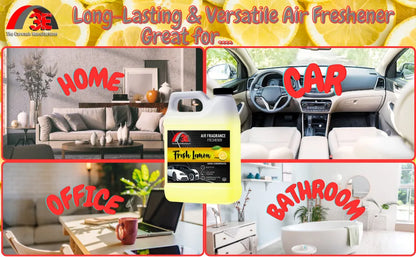 Fresh Lemon Air Freshener 1-gallon shown as versatile odor eliminator for home, car, office, and bathroom spaces.