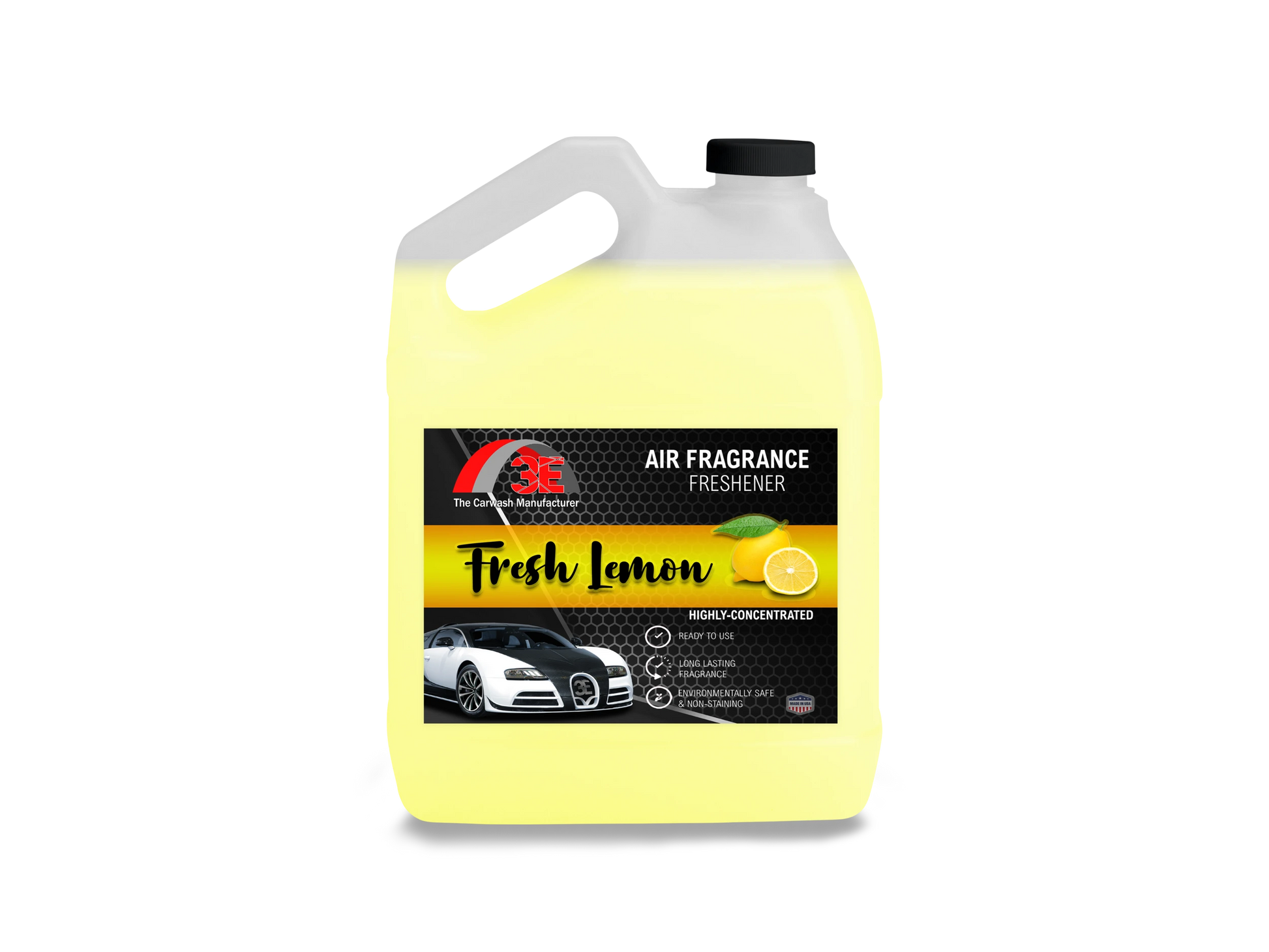 Fresh Lemon Air Freshener & Odor Eliminator 1 gallon front view with bright yellow liquid and car fragrance label display image.