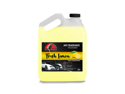 Fresh Lemon Air Freshener & Odor Eliminator 1 gallon front view with bright yellow liquid and car fragrance label display image.
