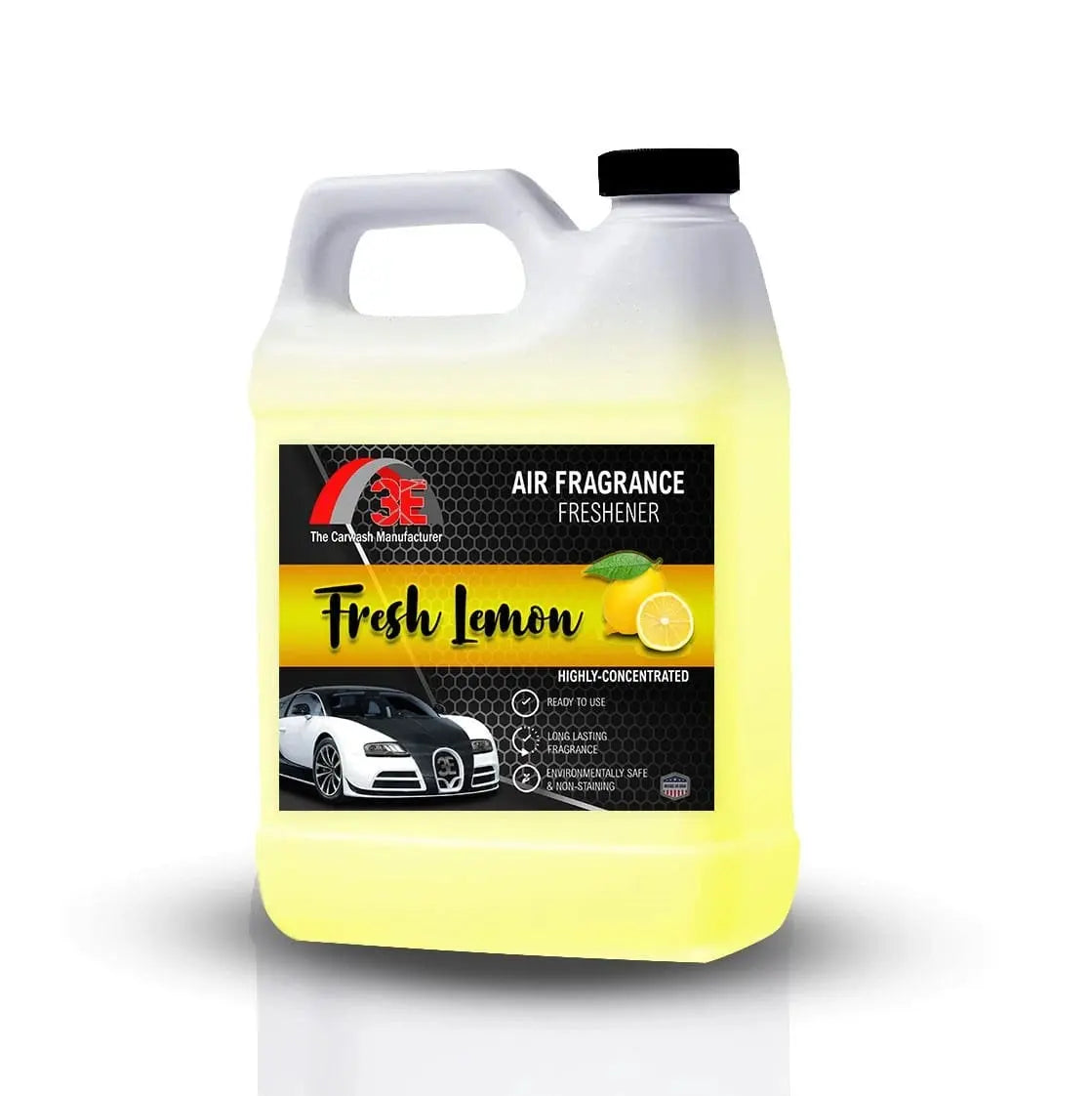 Fresh Lemon Air Freshener & Odor Eliminator 64 oz side view container by 3E The Carwash Manufacturer.