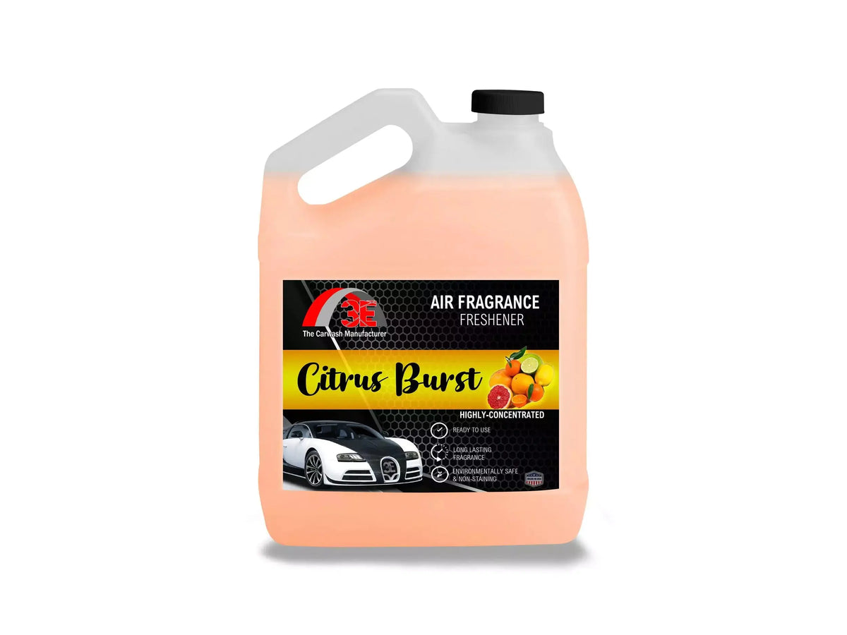 Front view of 3E The Carwash Manufacturer Citrus Burst Air Freshener and Odor Neutralizer 1 gallon container.