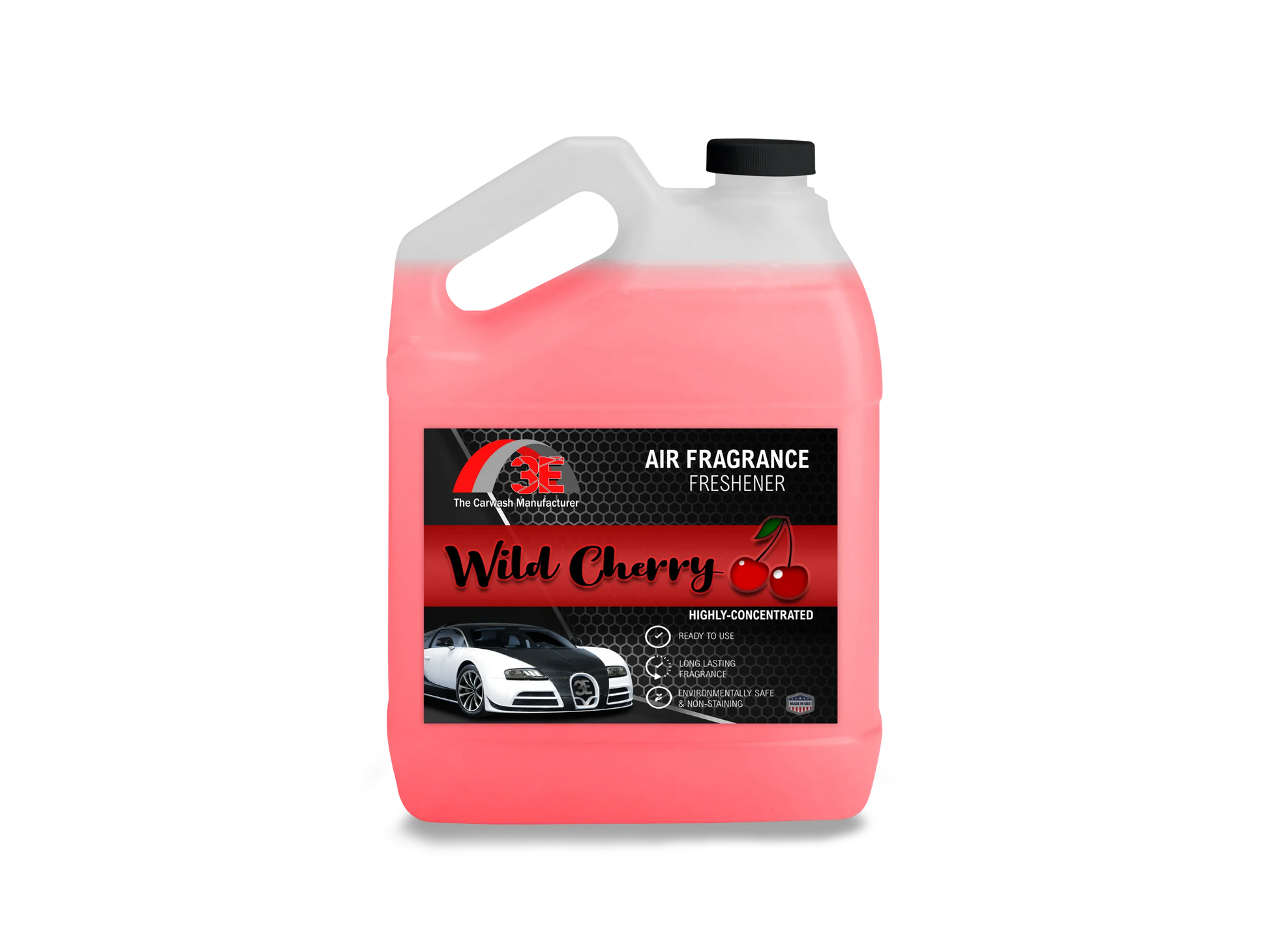 Front view of 1-gallon 3E Wild Cherry Car Air Freshener & Odor Eliminator – professional-grade, long-lasting fragrance in a red container with product label.