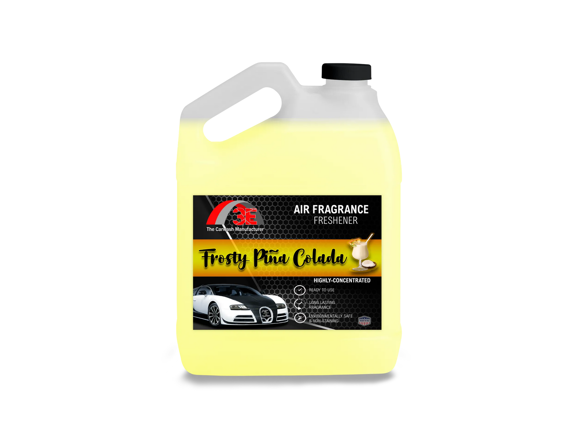 Frosty Pina Colada Air Freshener 1 gallon front view – tropical coconut and pineapple scent odor eliminator by 3E The Car Wash Manufacturer display image.