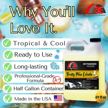 Frosty Pina Colada Air Freshener 64oz shown with benefits: tropical, long-lasting, pro-grade, ready to use, made in USA.