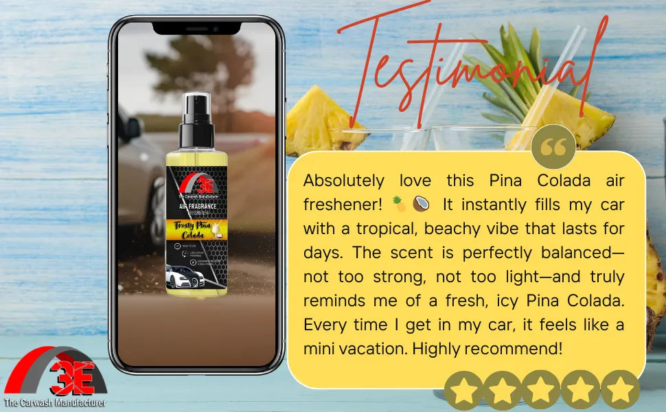 Frosty Pina Colada Air Freshener testimonial praising tropical scent, long-lasting freshness, and vacation-like car vibe.