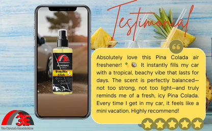 Frosty Pina Colada Air Freshener testimonial praising tropical scent, long-lasting freshness, and vacation-like car vibe.