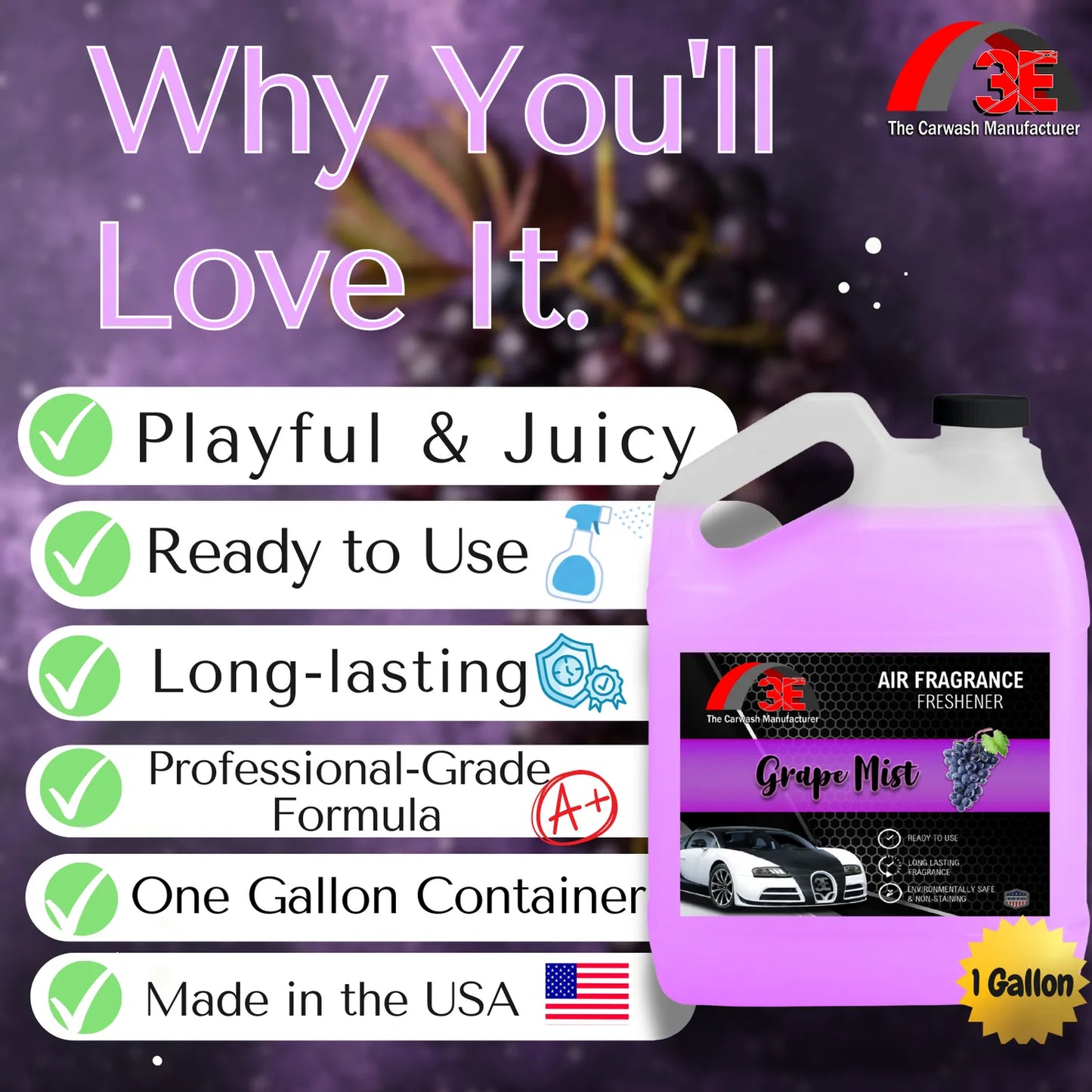 Grape Mist Air Freshener 1 Gallon with highlights playful, juicy, long-lasting, pro-grade, ready to use, made in USA.