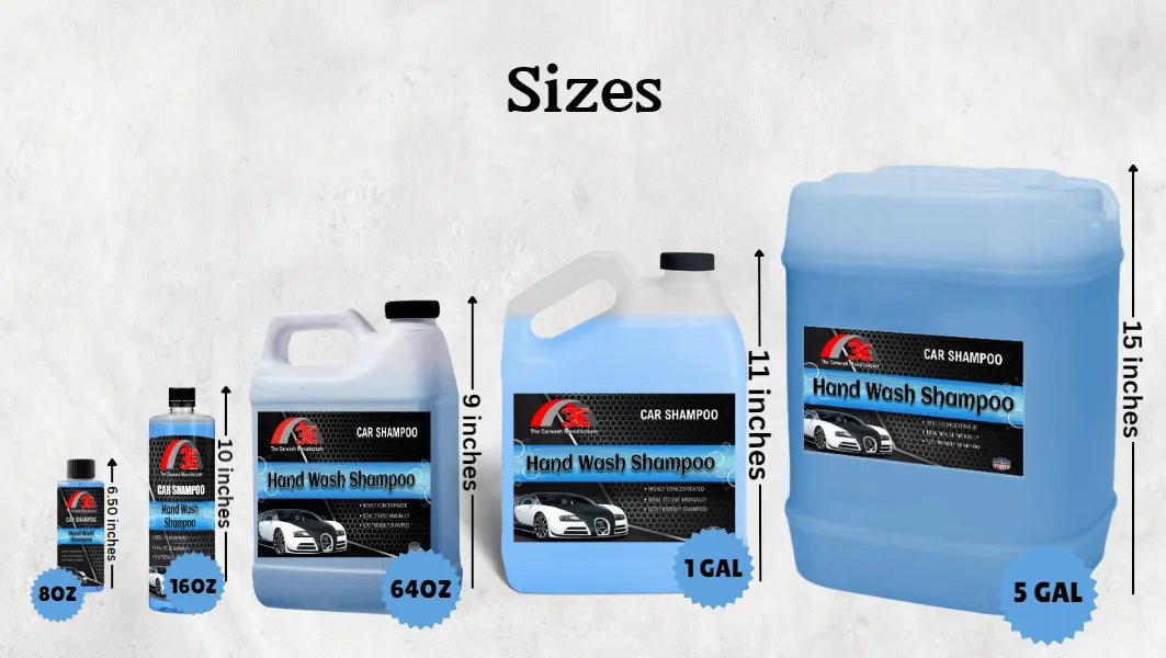 Hand Wash Car Shampoo size chart showing 8oz, 16oz, 64oz, 1 gallon, and 5 gallon high foaming car wash soap.