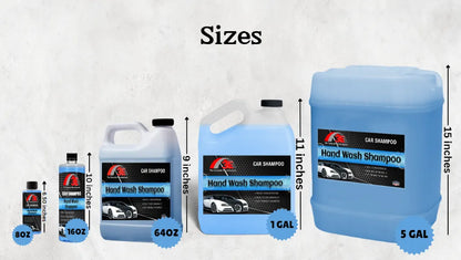 Hand Wash Car Shampoo size chart showing 8oz, 16oz, 64oz, 1 gallon, and 5 gallon high foaming car wash soap.