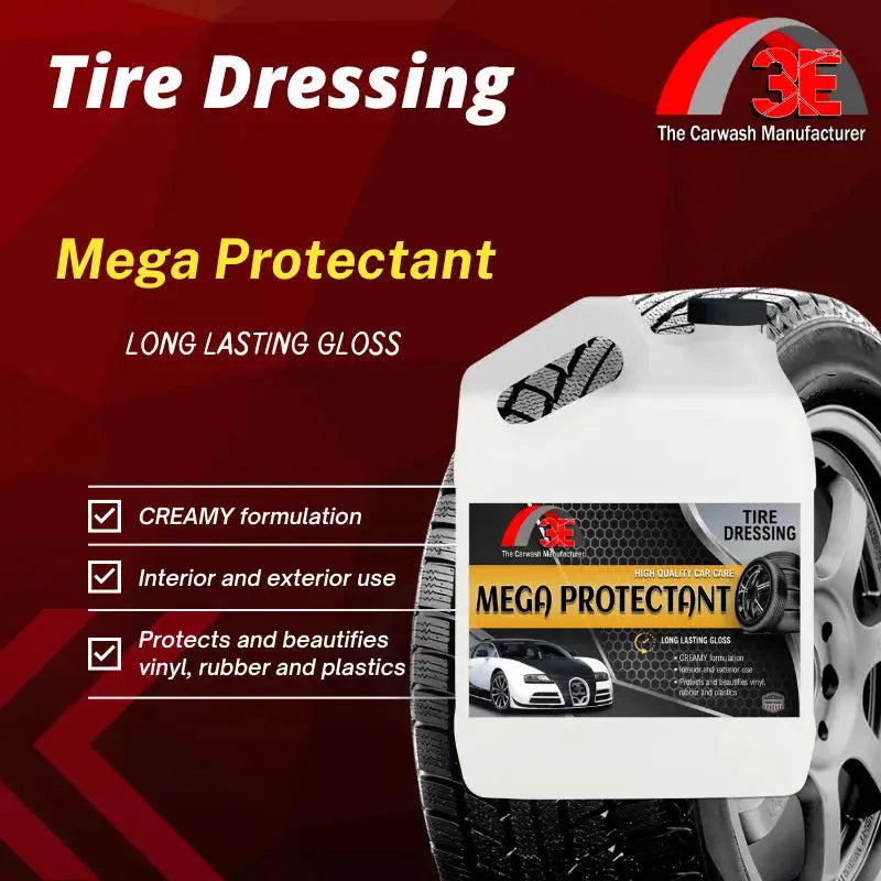 High gloss tire dressing Mega Protectant – premium tire shine for vinyl, rubber, plastic, and long lasting gloss.
