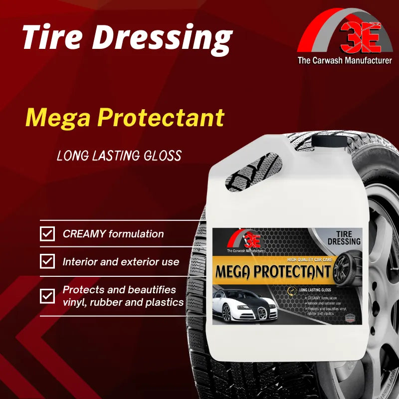 High gloss tire dressing Mega Protectant – premium tire shine for vinyl, rubber, plastic, and long lasting gloss.