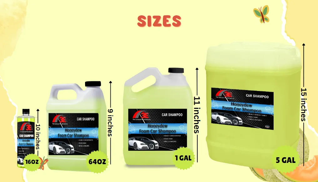 Honeydew Snow Foam Car Shampoo size chart showing 16oz, 64oz, 1 gallon, and 5 gallon high foaming car wash soap.