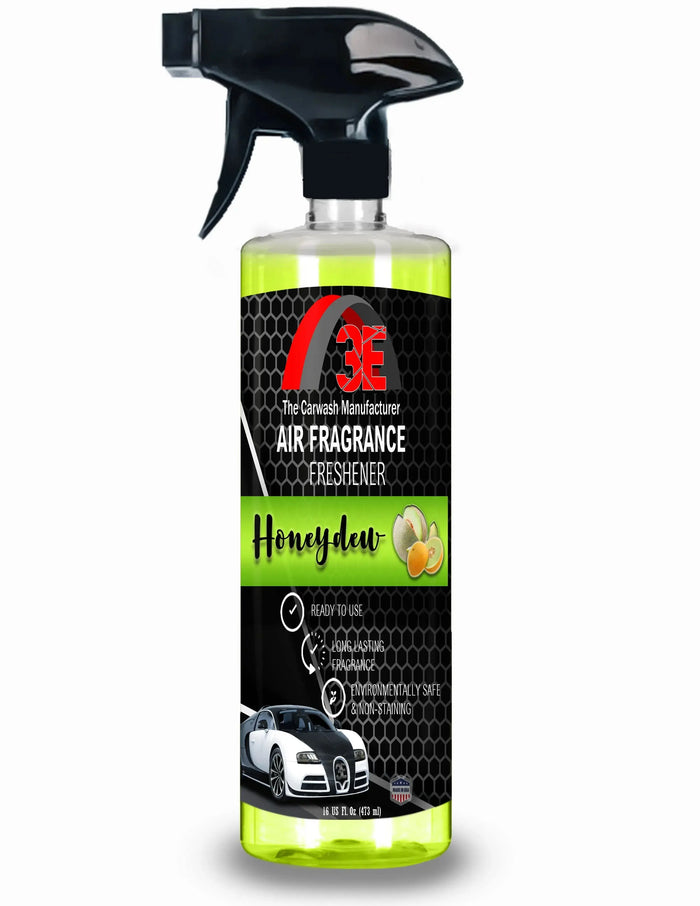 Honeydew Air Freshener 16oz spray bottle with car image and label highlighting long-lasting, eco-safe odor eliminator.