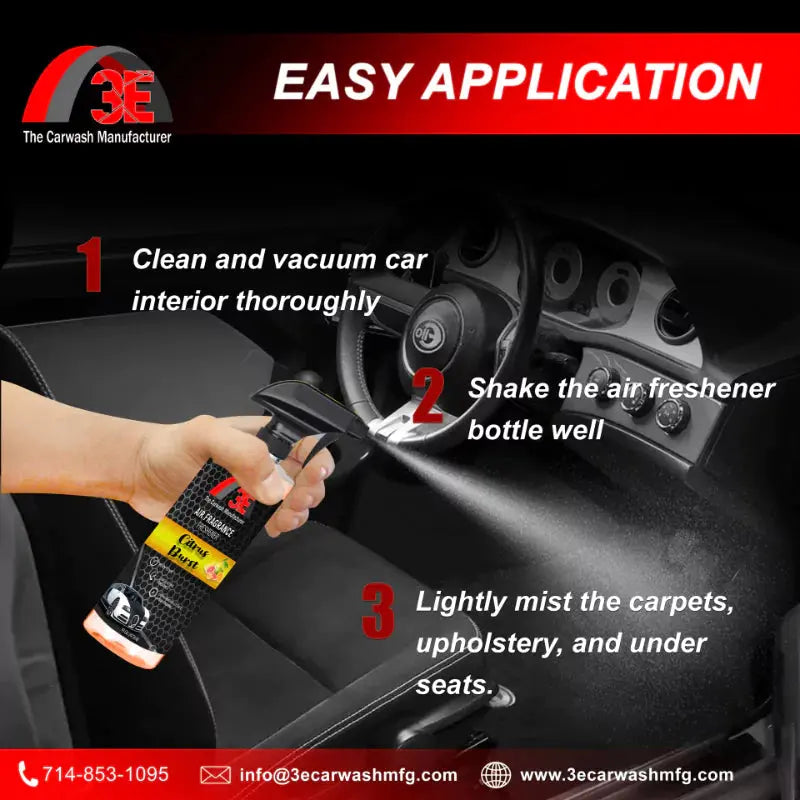 How to use 3E The Carwash Manufacturer Citrus Burst Air Freshener and Long-Lasting Odor Eliminator in car interior.