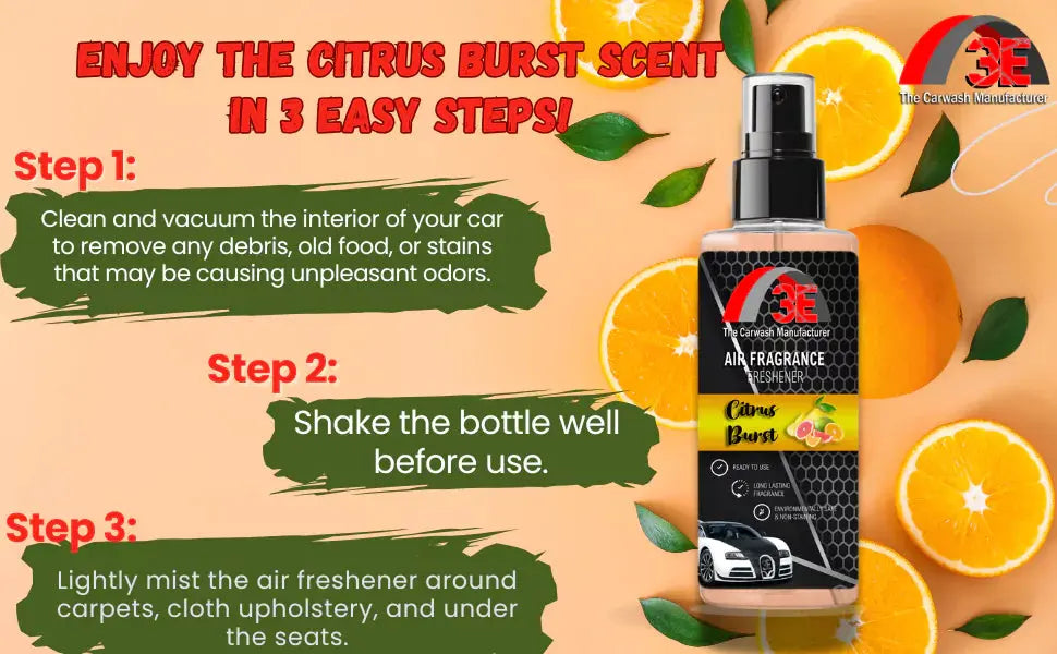 How to use 3E The Carwash Manufacturer Citrus Burst Air Freshener and Odor Neutralizer in 3 easy steps.