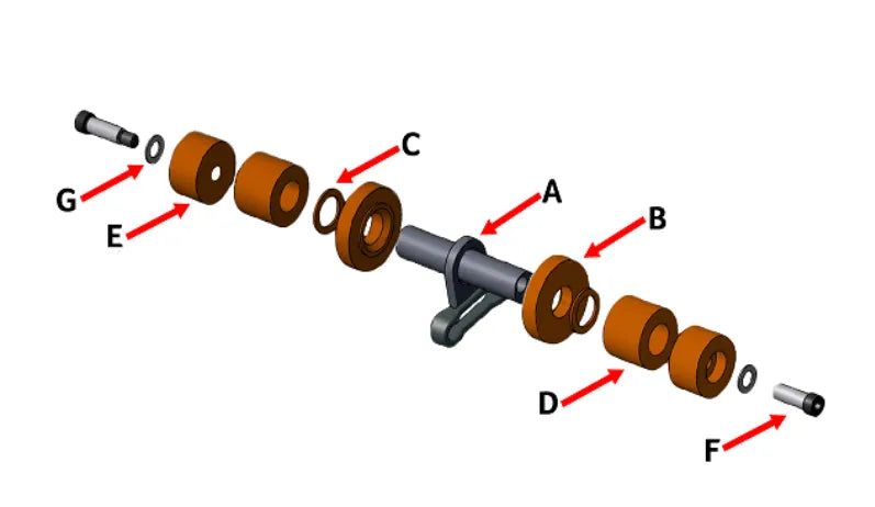 Labeled exploded view of Belanger DuraTrans roller assembly showing parts A to G including rollers, spacers, and shoulder bolts.