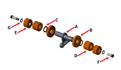 Labeled exploded view of Belanger DuraTrans roller assembly showing parts A to G including rollers, spacers, and shoulder bolts.