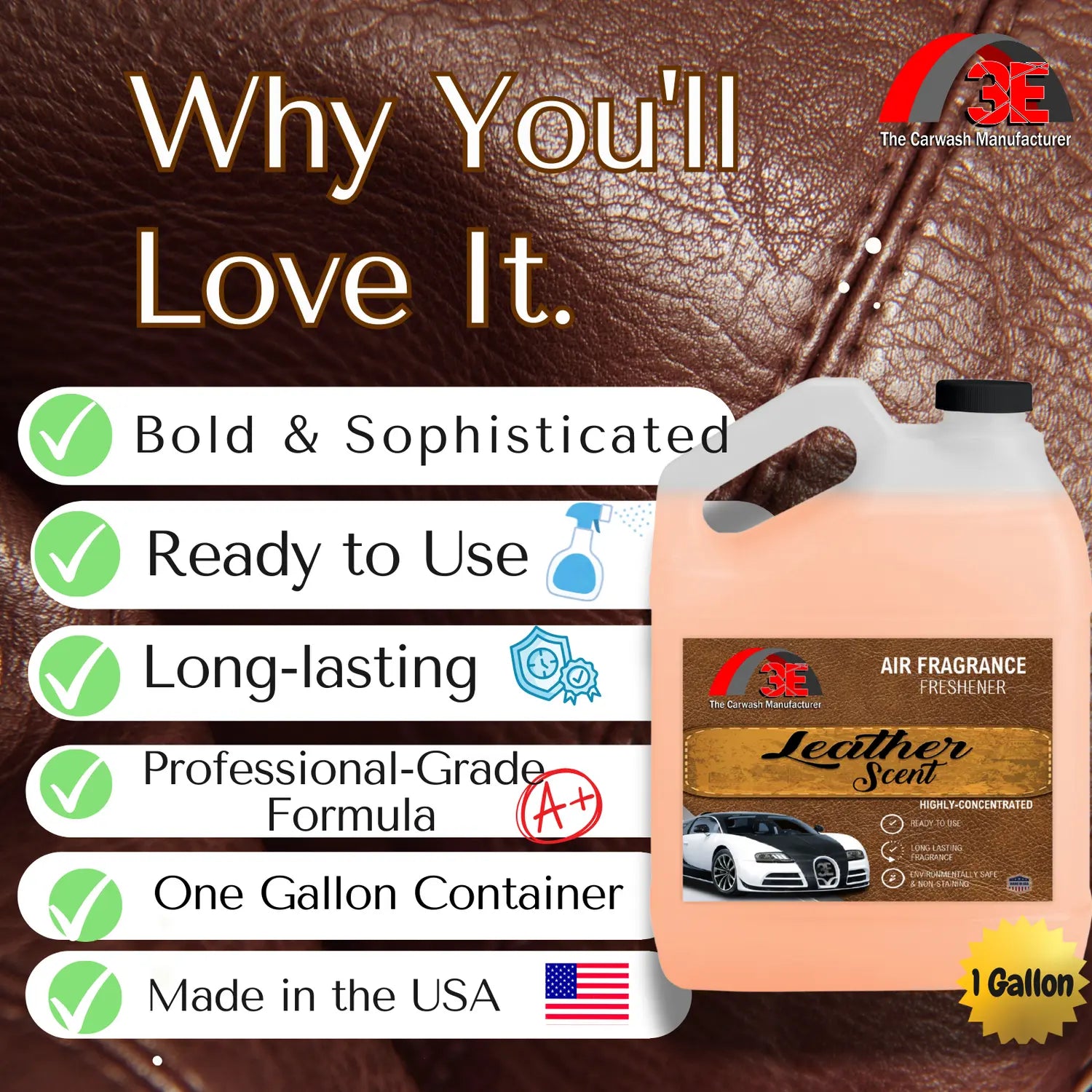Leather Scent Air Freshener 1 Gallon – bold, sophisticated, long-lasting, professional-grade formula made in the USA.