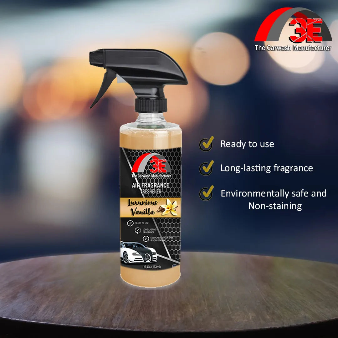 Luxurious Vanilla Air Freshener 16 oz bottle with text highlighting ready to use, long-lasting fragrance, and safe non-staining formula.