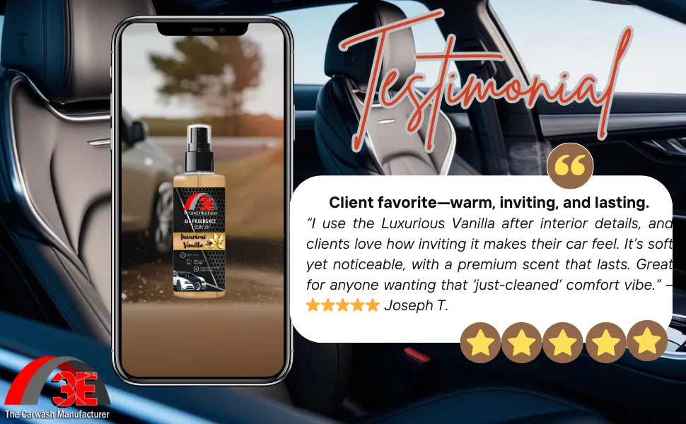 Luxurious Vanilla Air Freshener testimonial showing a customer praising its warm, inviting, long-lasting scent with 5-star rating.