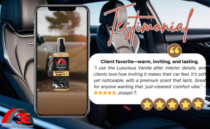 Luxurious Vanilla Air Freshener testimonial showing a customer praising its warm, inviting, long-lasting scent with 5-star rating.