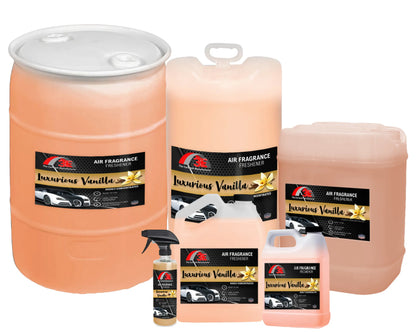 Luxurious Vanilla Car Air Freshener & Odor Eliminator in 16oz, 64oz, 1 gal, 5 gal, and drum bulk sizes.