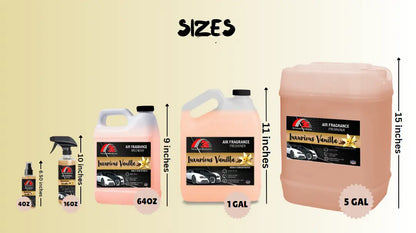 Luxurious Vanilla Car Air Freshener available in 4oz, 16oz, 64oz, 1 gallon, and 5 gallon sizes.