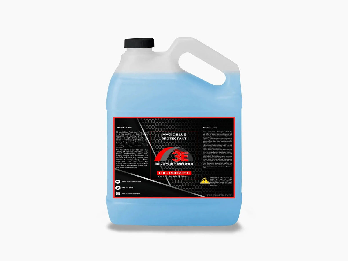 Magic Blue Protectant tire shine 1 gallon – professional silicone based high gloss tire dressing for deep black tires back view.