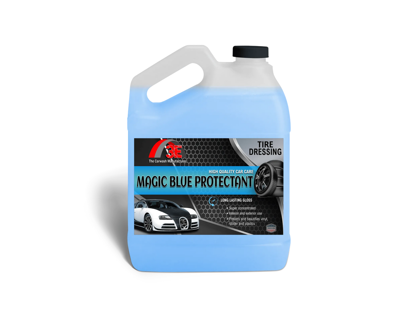 Magic Blue Protectant tire shine 1 gallon – professional silicone based high gloss tire dressing for deep black tires display image.