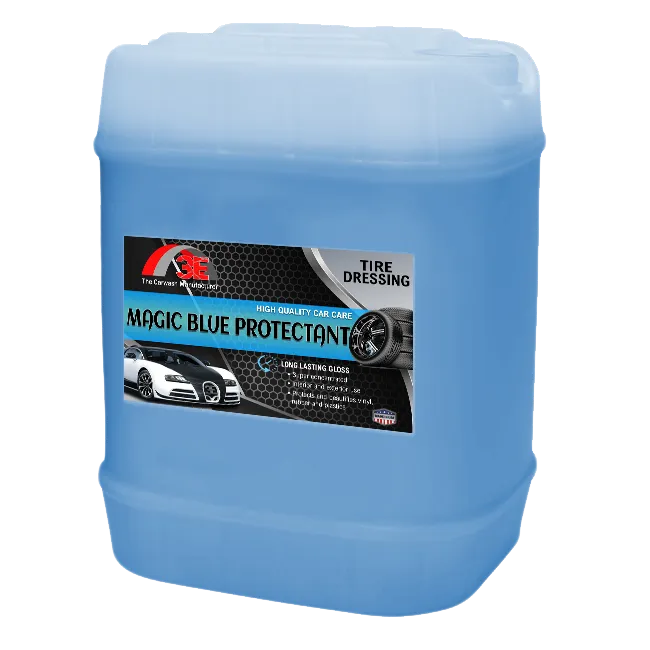 Magic Blue Protectant tire shine 5 gallon – bulk silicone based high gloss tire dressing for car wash tire cleaning display image.